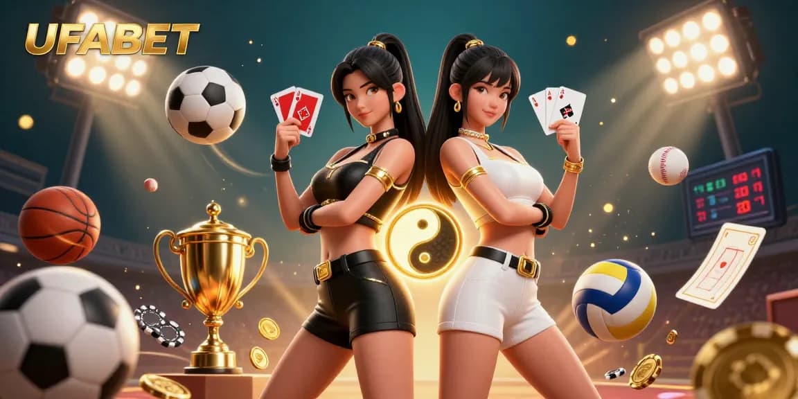 Engage in thrilling betting at UFABET with stunning twin Asian women featuring casino elements.