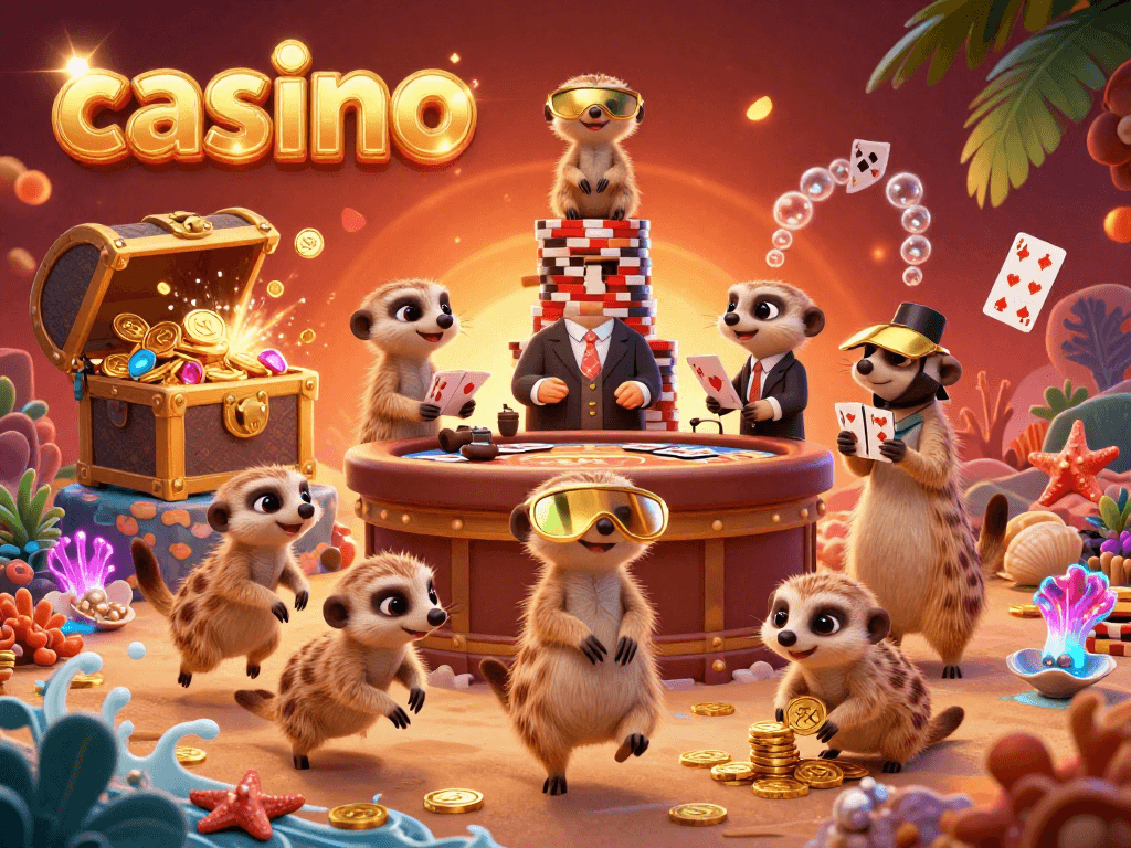 Meerkats manage a vibrant casino with gold coins and colorful gems in a rich underwater scene.