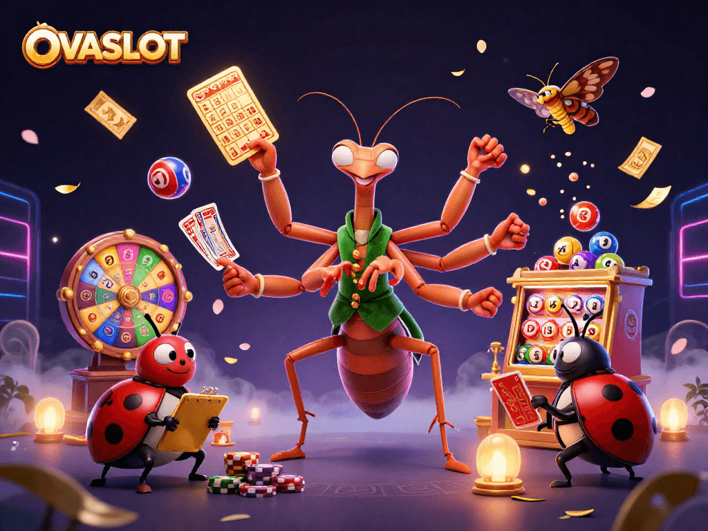 Engage in thrilling gameplay at OVASLOT, with a lively 3D casino scene featuring vibrant lottery elements.