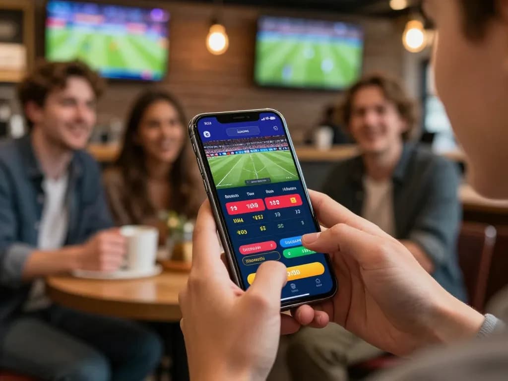 Betting on keonhacai sports odds using smartphone at lively café, showing live updates.