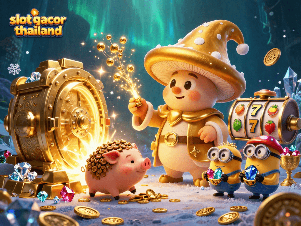 Engage with the slot gacor thailand scene featuring a golden mushroom wizard alongside casino treasures.