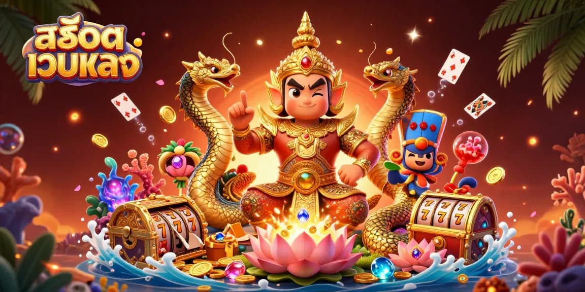 Engage with สล็อตเว็บตรง in a vibrant and action-packed 3D scene featuring slot elements and Thai guardians.