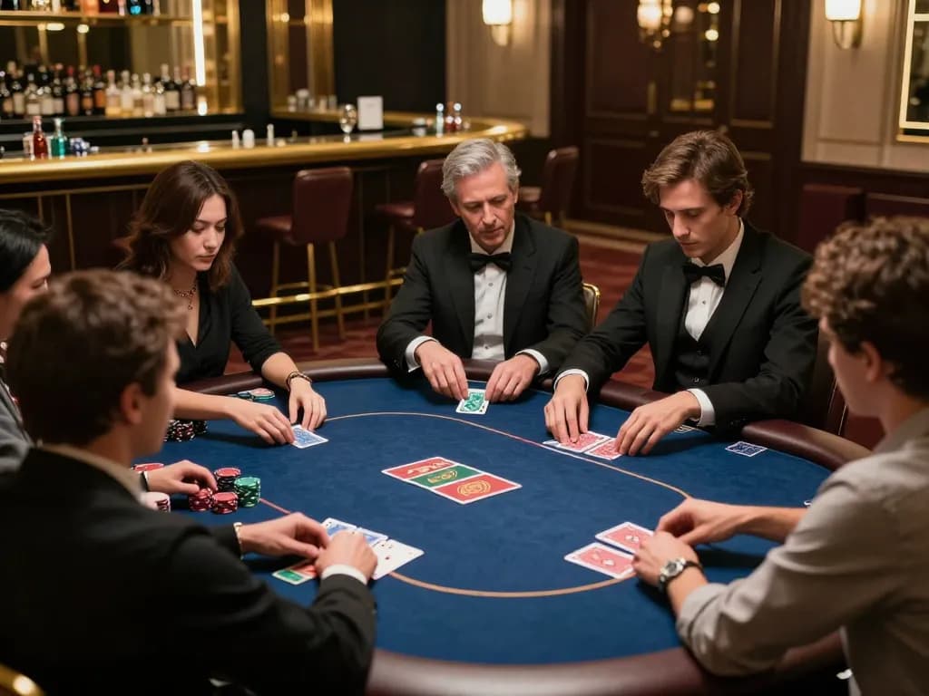 Players engaged in a high-stakes poker game at a luxurious casino, showcasing the strategic thrill of sunwin gaming.