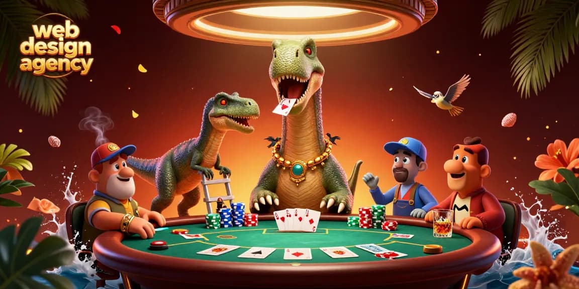 Engaging scene of a web design agency themed poker room with characters dealing cards and vibrant casino elements.