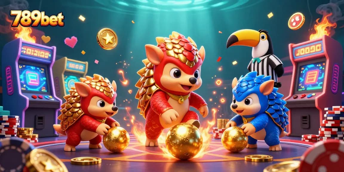 Play exciting games at 789bet with pangolin mascots bowling through poker chips and golden balls.