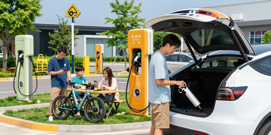 Car accessories supplier providing innovative solutions at an EV charging station with portable vacuum cleaners and smart apps.