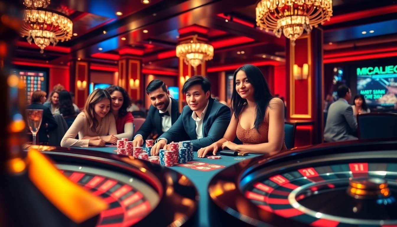 Engage in high-stakes poker at mb66's luxurious casino ambiance with vibrant colors.