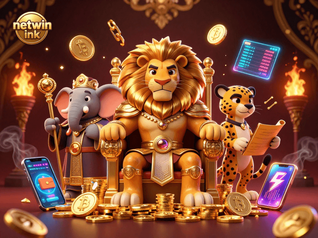 Experience thrilling gameplay with netwin ink featuring cartoon lion king, elephant advisor, and cheetah messenger.