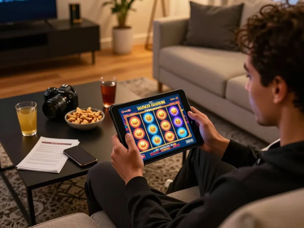 Engaging in Slot Online gameplay on tablet, vibrant graphics and colorful reels creating excitement during a home casino session.