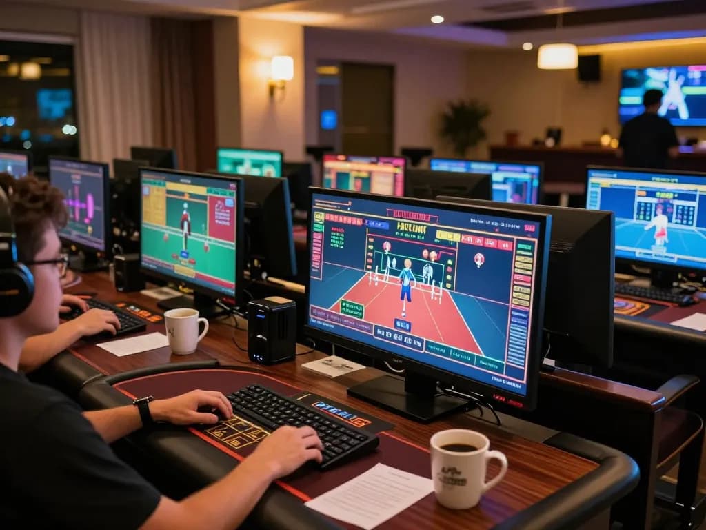 Player engaged in strategic online gambling at bj886 with multiple screens showcasing live games.