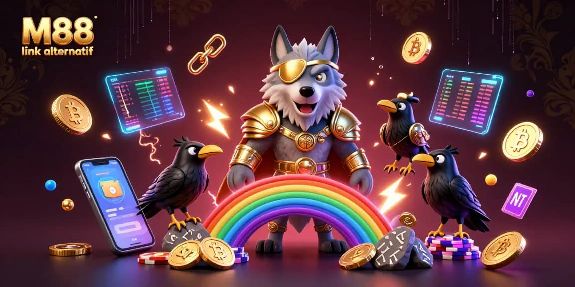 M88 link alternatif showcases a vibrant 3D casino scene featuring mythical elements and crypto coins, enticing bets and action.
