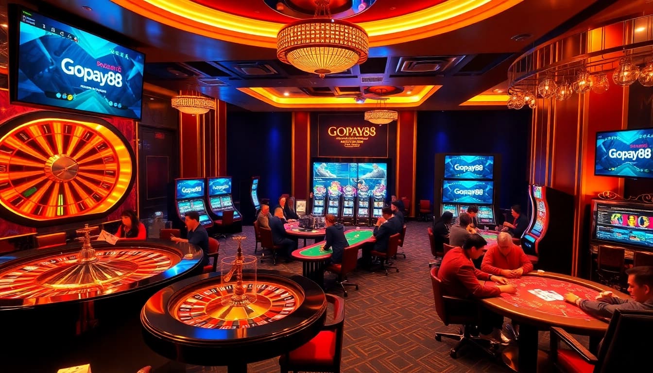Gopay88 gaming action scene with vibrant poker tables, excited players, and casino elements