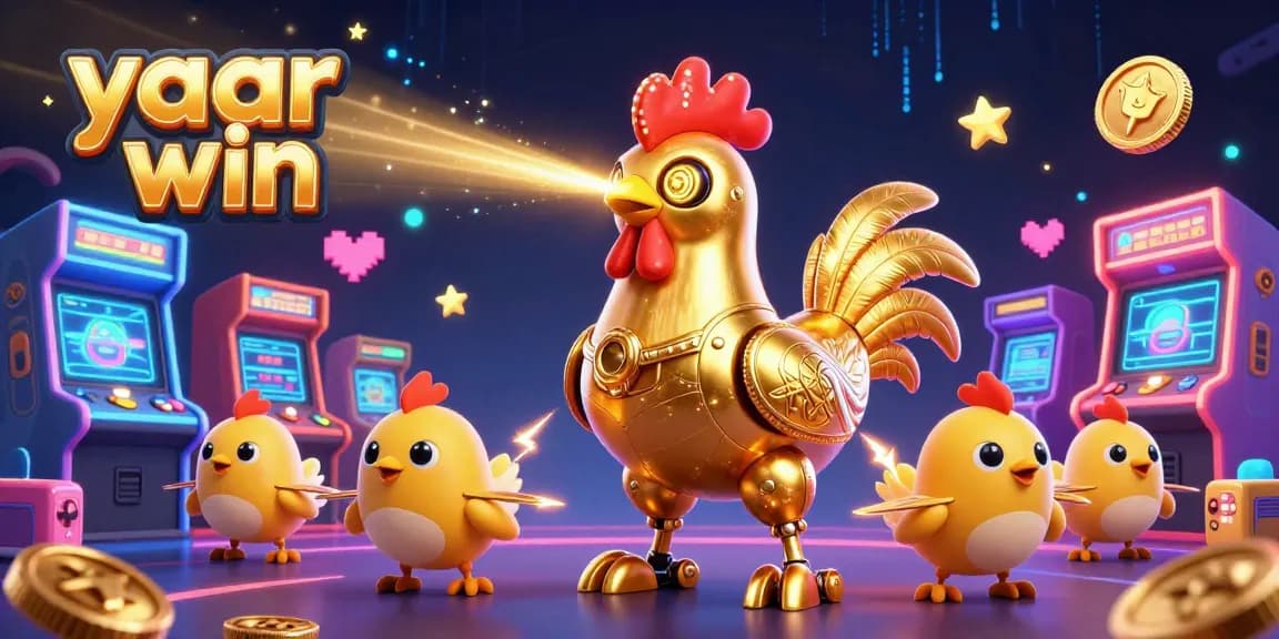 Experience the thrill of yaar win in a vibrant, dynamic online casino scene featuring a golden rooster robot.