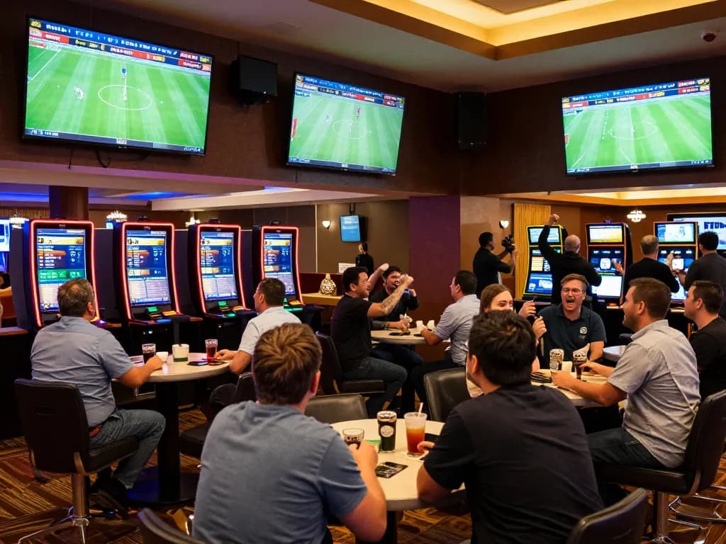 Fans celebrating their nowgoals bets in a lively sports betting lounge, showcasing dynamic odds and match stats.