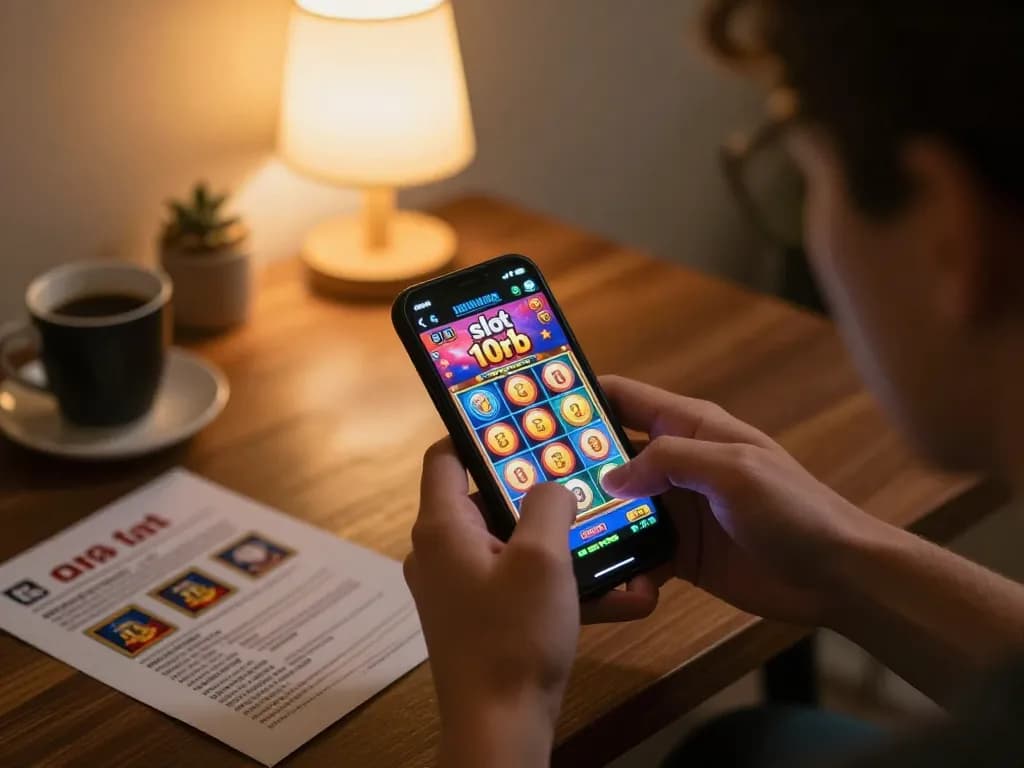 Player enjoying slot 10rb game on smartphone in cozy home setting