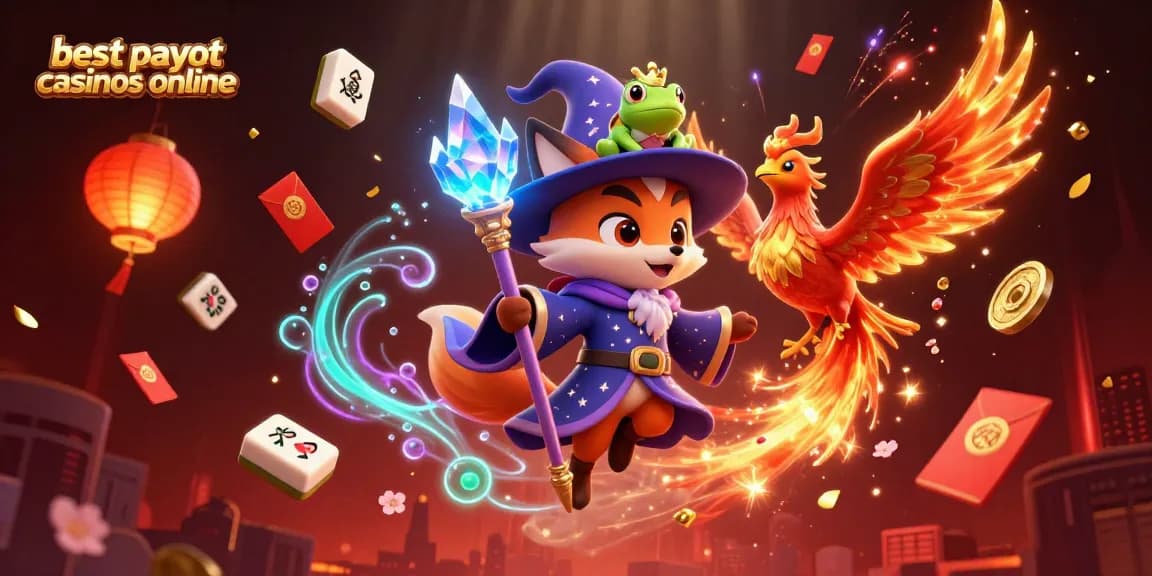 Experience best payout casinos online with a mystical wizard fox, phoenix, and vibrant casino elements.