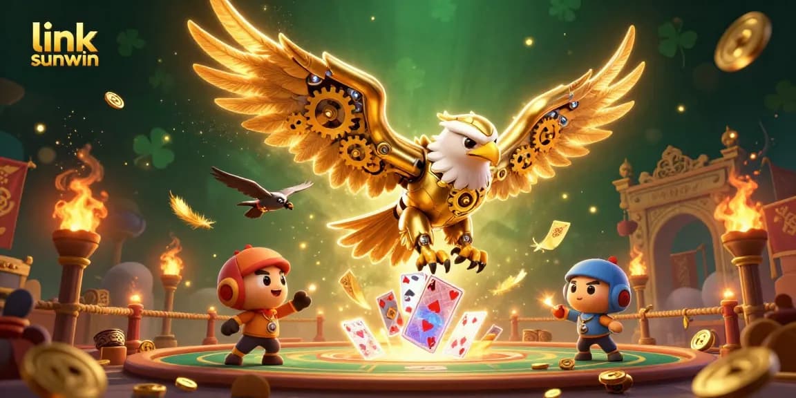 Experience the excitement of link sunwin with cybernetic eagle diving among cards in a lavish casino setting.