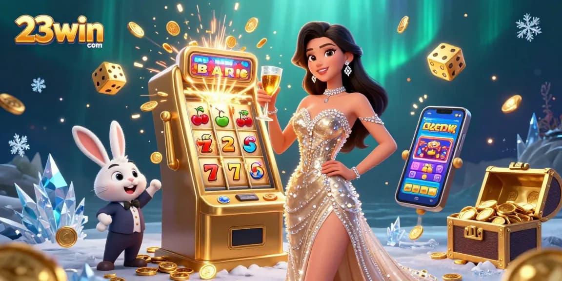Win huge prizes at 23win com with a golden jackpot slot machine bursting with coins and excitement.