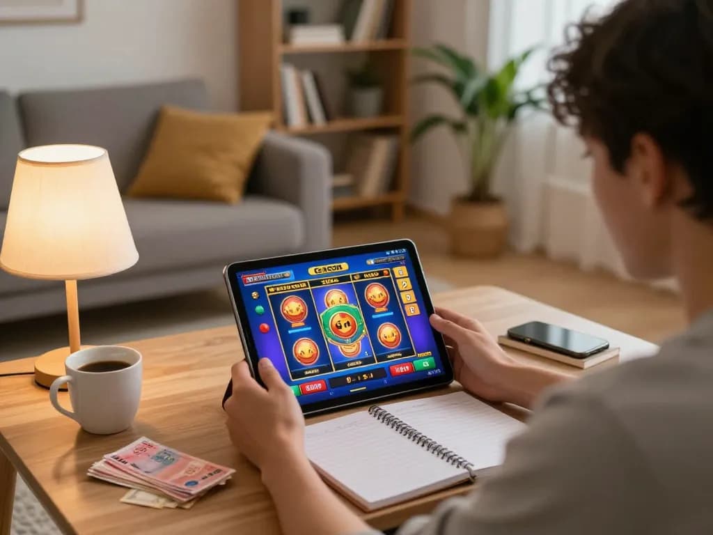 Engaging with slot gacor game on tablet in a cozy home gaming setup.