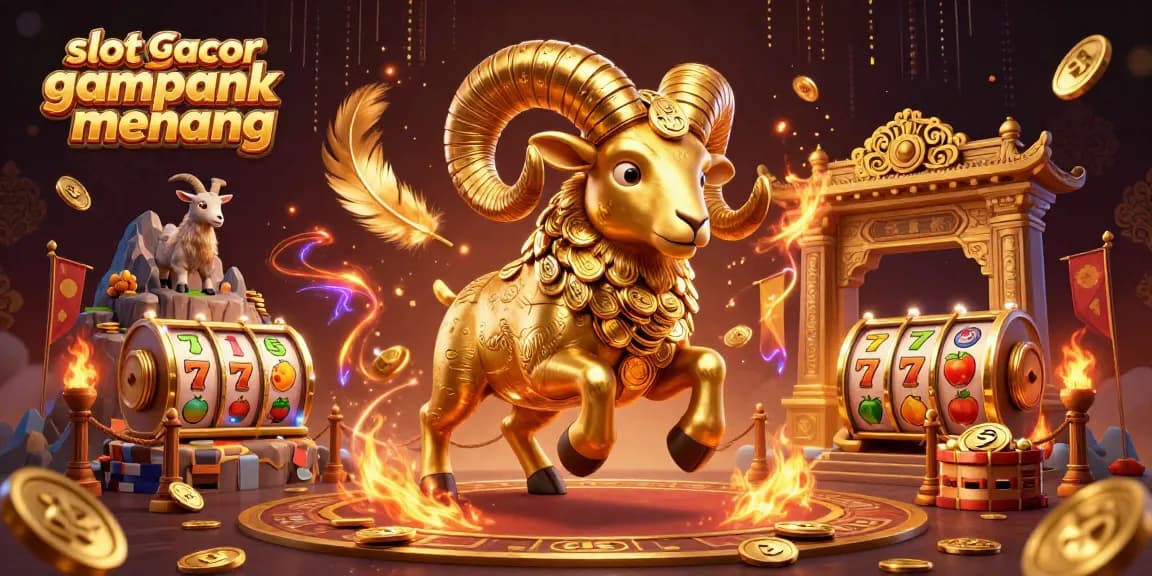 Slot gacor gampang menang dengan ram emas berlari di arena judi yang penuh koin dan simbol kasino.