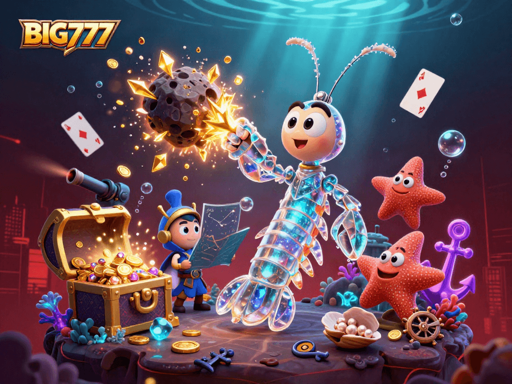 Experience thrilling wins with BIG777 in this vibrant casino underwater scene full of treasures.