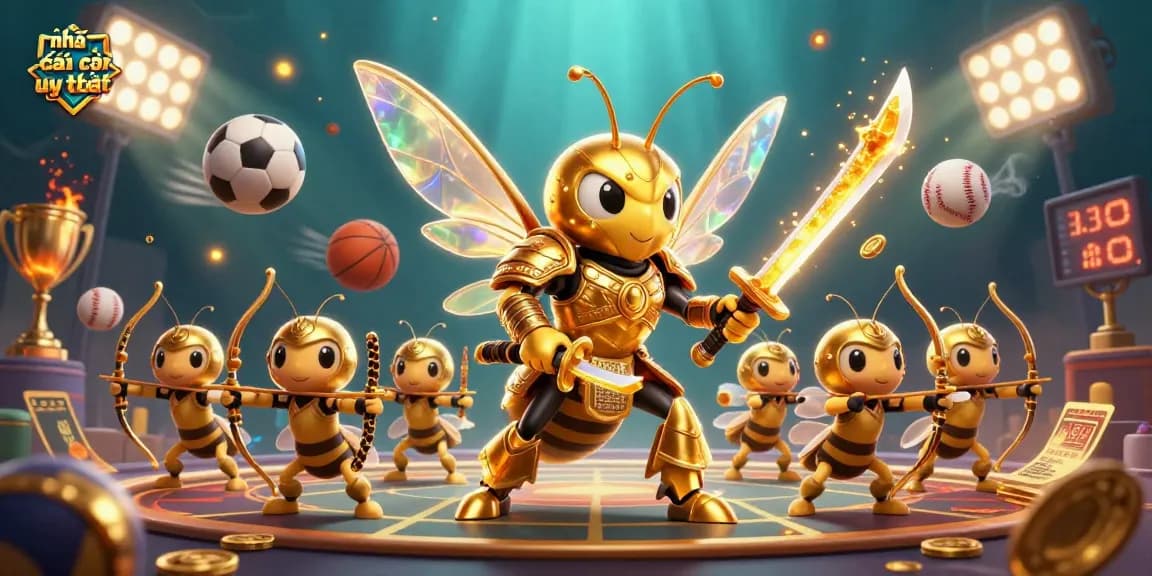 Engage with nhà cái uy tín in a vibrant scene featuring a golden hornet in samurai armor surrounded by dynamic sports elements.