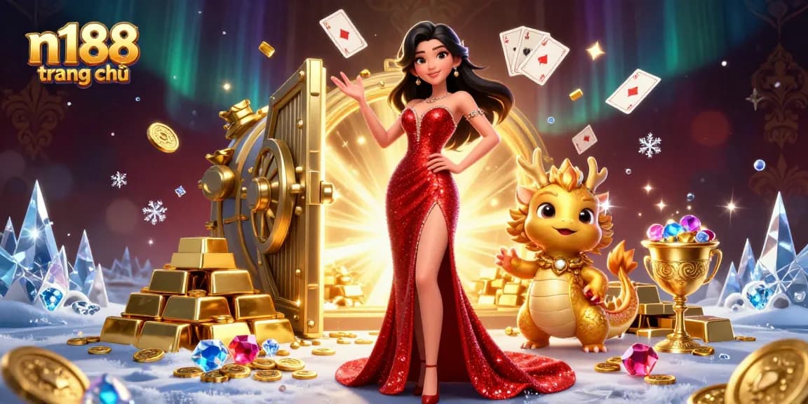 Win big at n188 trang chủ with vibrant casino elements and a glowing treasure scene.