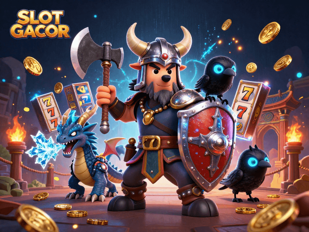 SLOT GACOR scene features a Viking wolf warrior, an ice-breathing dragon, and a glowing raven amidst vibrant slot symbols.