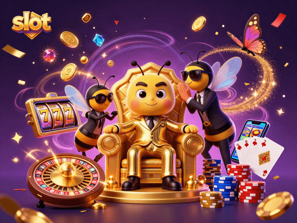 Spin the slot reels with the bumblebee mob boss in a vibrant casino scene filled with action.