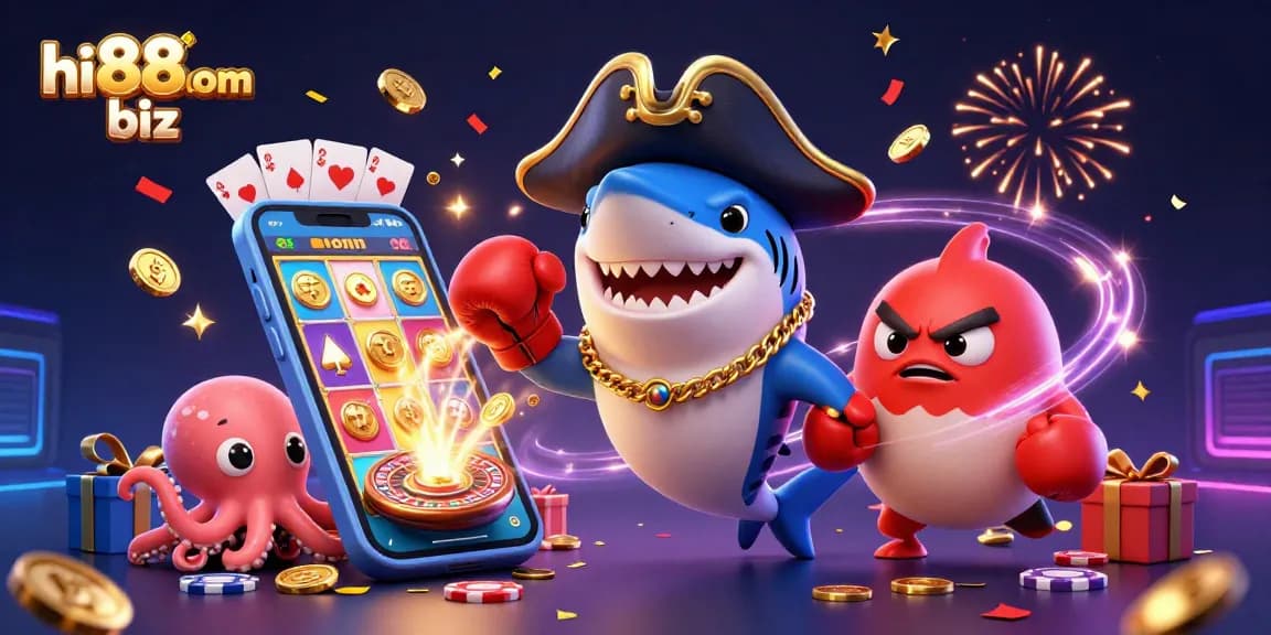 Experience thrilling games at hi88com biz with a vibrant 3D casino illustration featuring energetic characters.