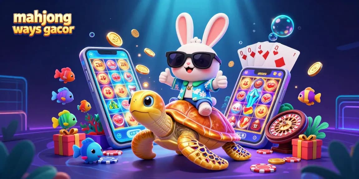Experience excitement with Mahjong Ways gacor featuring a lively lucky rabbit and turtle amidst casino elements.