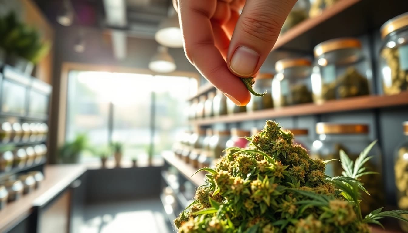 Grab premium weed shake online, showcasing stunning green cannabis trichomes in a stylish dispensary.
