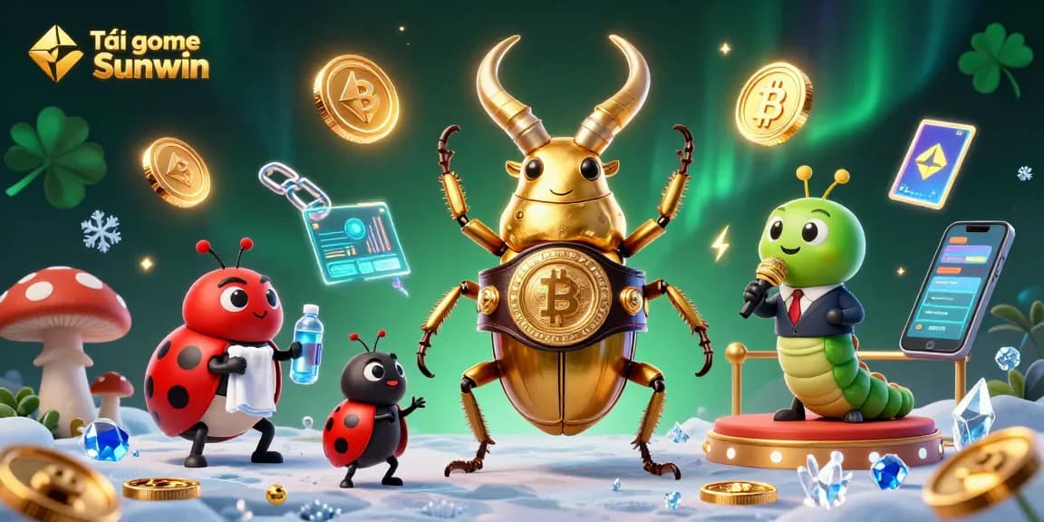 Tải game Sunwin in a vibrant gaming arena featuring a boxing beetle and colorful crypto elements