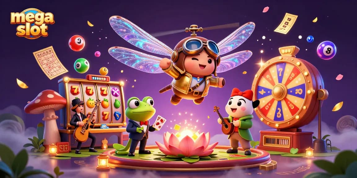 Slot mega slot dengan karakter kartun unik, croupier katak, dan suasana kasino ceria.