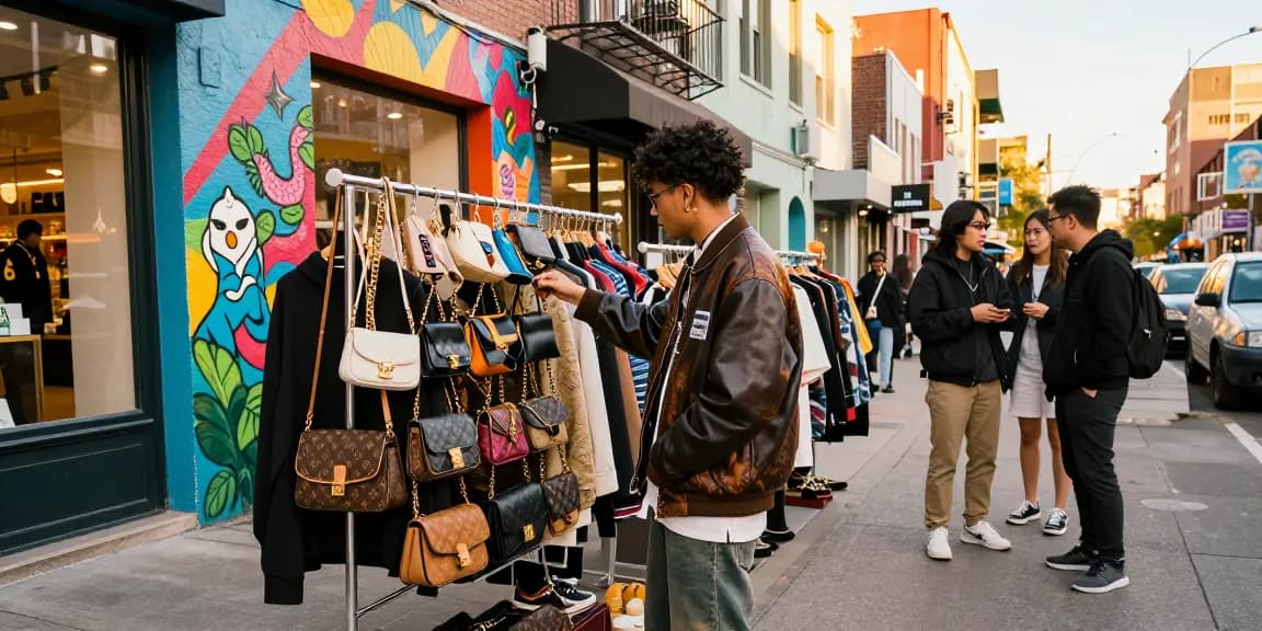 Stylish shopper examining luxury items at a 레플리카 쇼핑몰 in an urban setting.