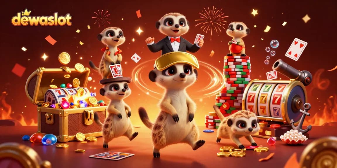 Rasakan sensasi dewa slot dengan koloni meerkat mengoperasikan kasino yang megah, dikelilingi harta karun dan elemen permainan.