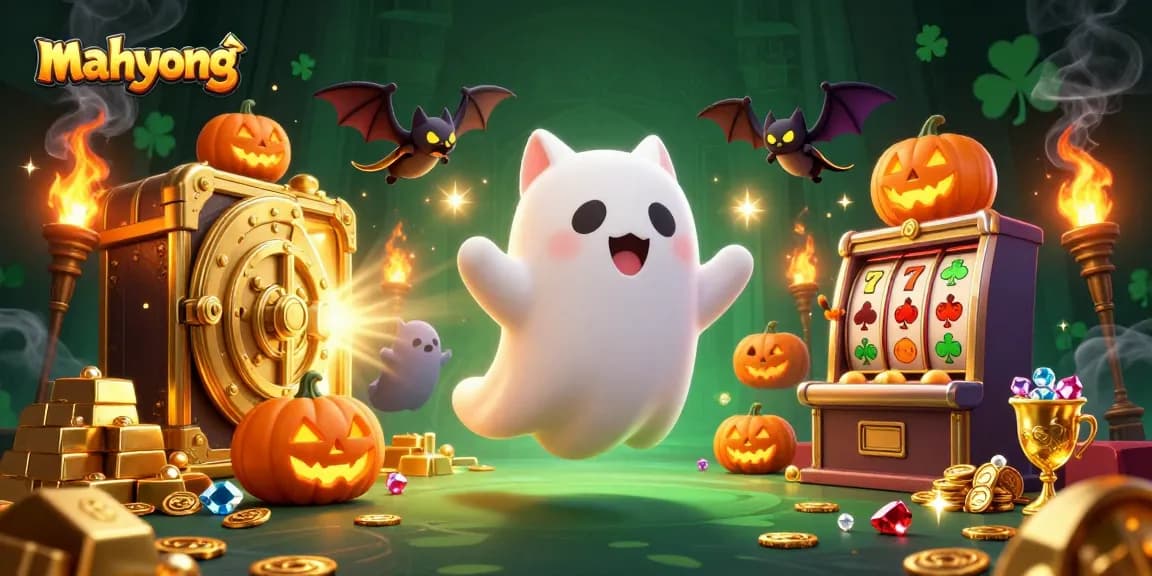 Play mahyong in a vivid haunted casino scene with ghost cat, vampire bat, and glowing jack-o-lanterns.