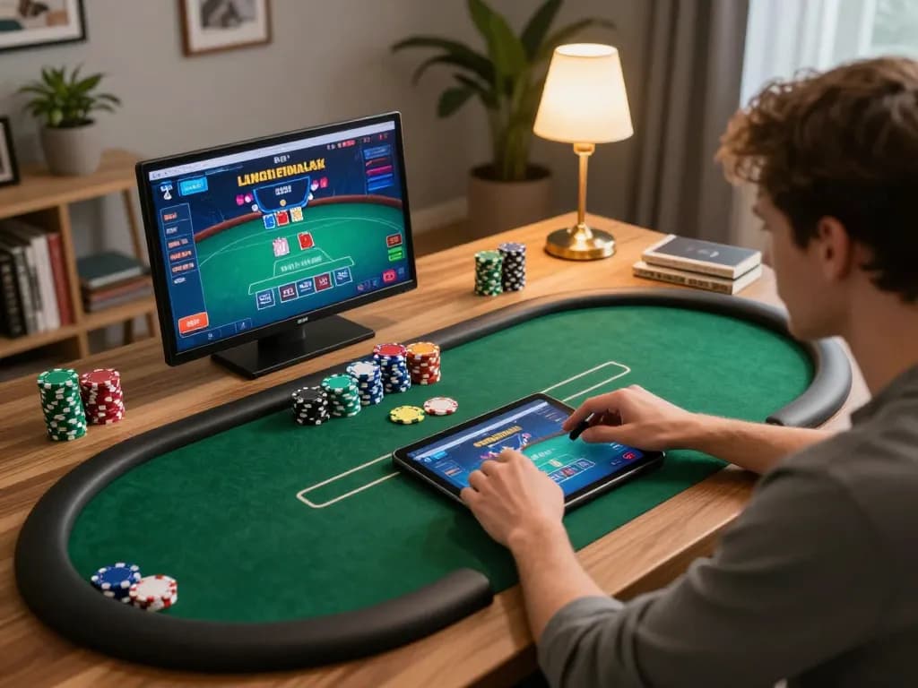 Engaging poker gameplay on tablet showcasing S8 betting strategies in a cozy home environment.