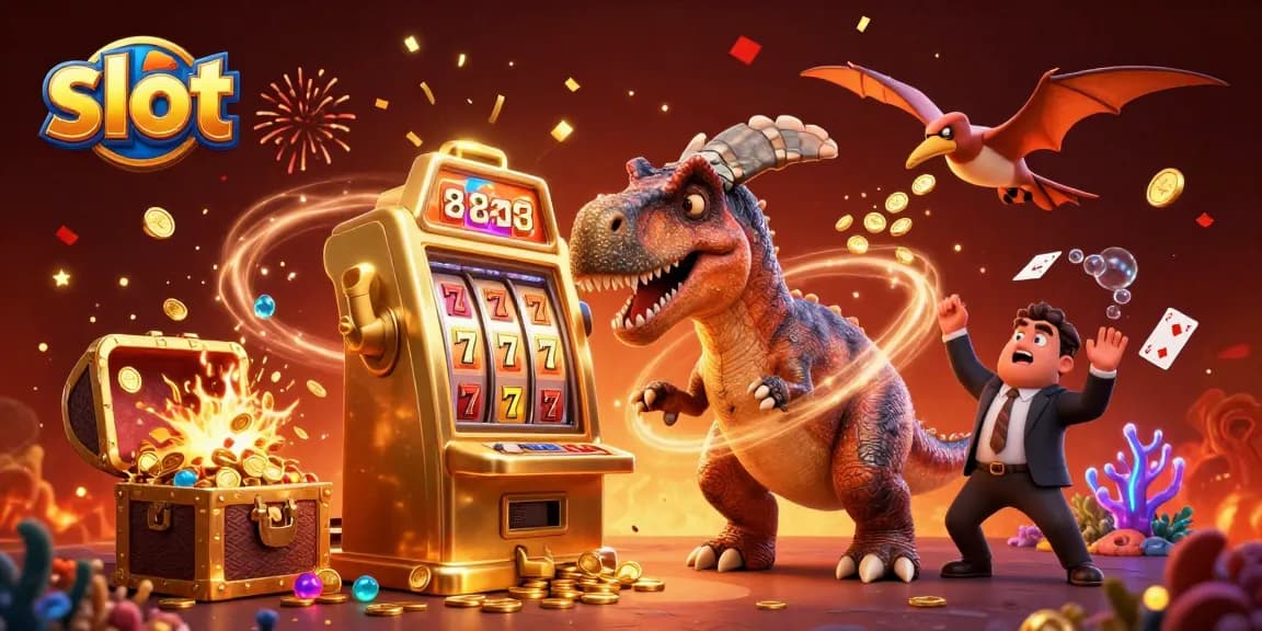 Engage with slot machines in a thrilling scene featuring dinosaurs winning jackpot coins.