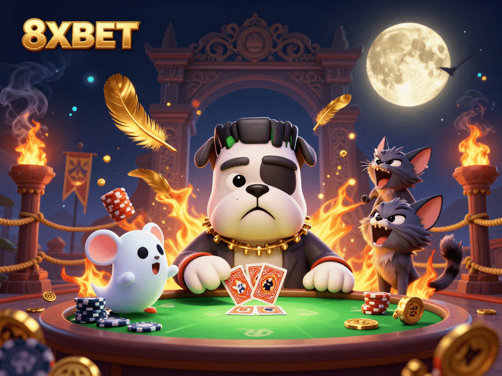 Experience thrilling gameplay at 8XBET with dynamic characters and vibrant casino elements in this action-packed scene.