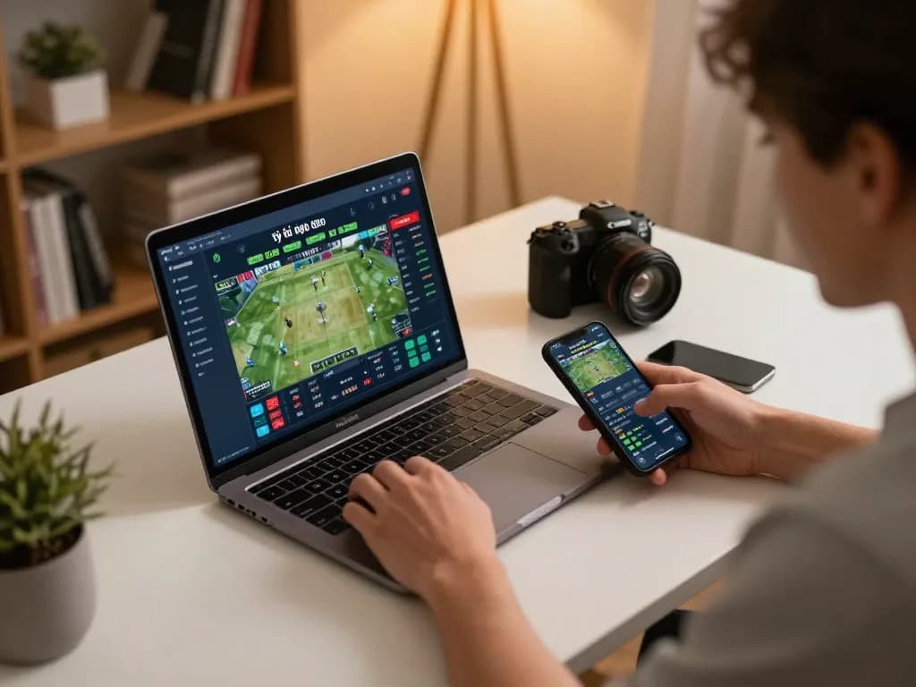 Person actively exploring tỷ lệ kèo nhà cái on online betting platform while strategizing