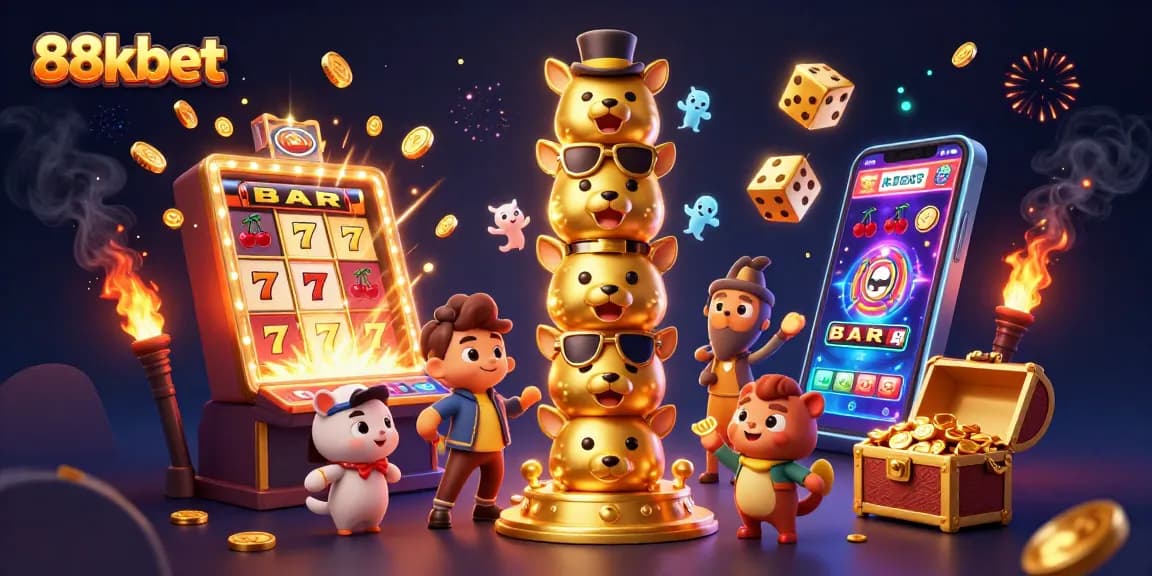 Engage in thrilling gaming at 88kbet with vibrant 3D illustration of animated casino fun.