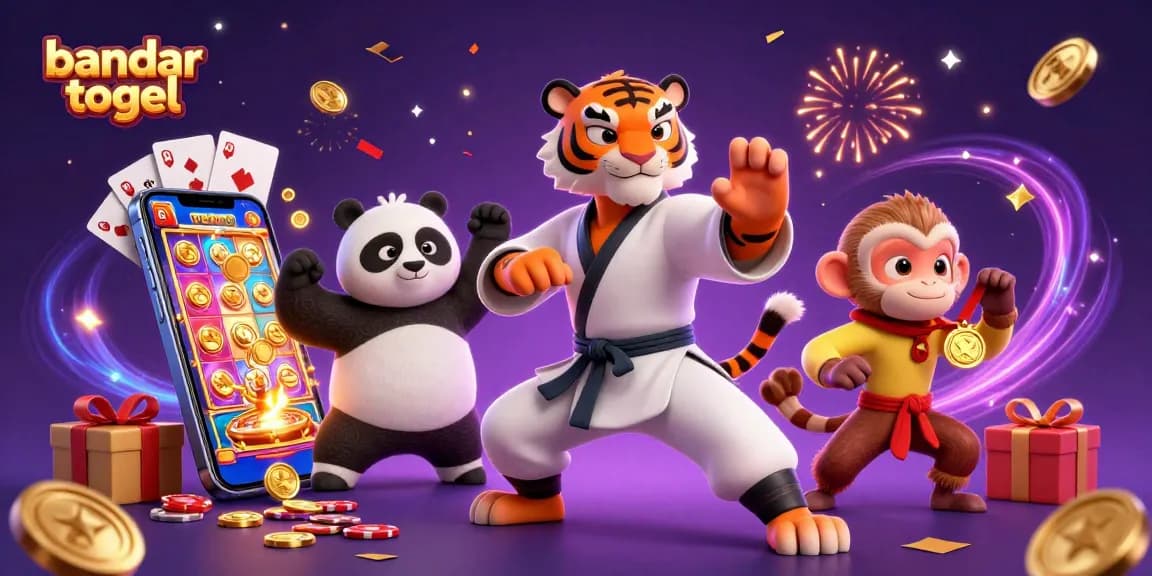 Exciting bandar togel scene with a kung fu tiger master, panda disciple, and monkey student amidst vibrant casino elements.