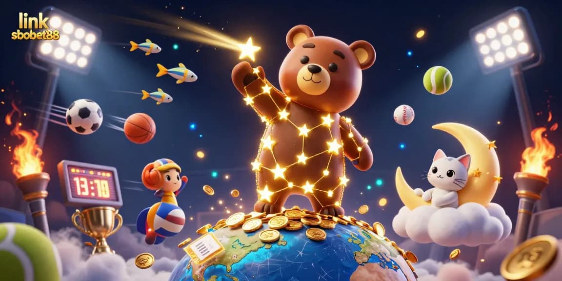 Experience exciting betting with link sbobet88 as the constellation bear gathers coins in a vibrant casino scene.