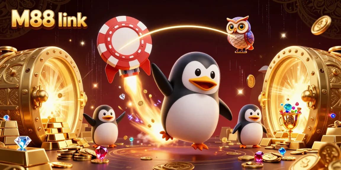 Play and win with M88 link, featuring a dynamic cartoon penguin and a giant poker chip casino.