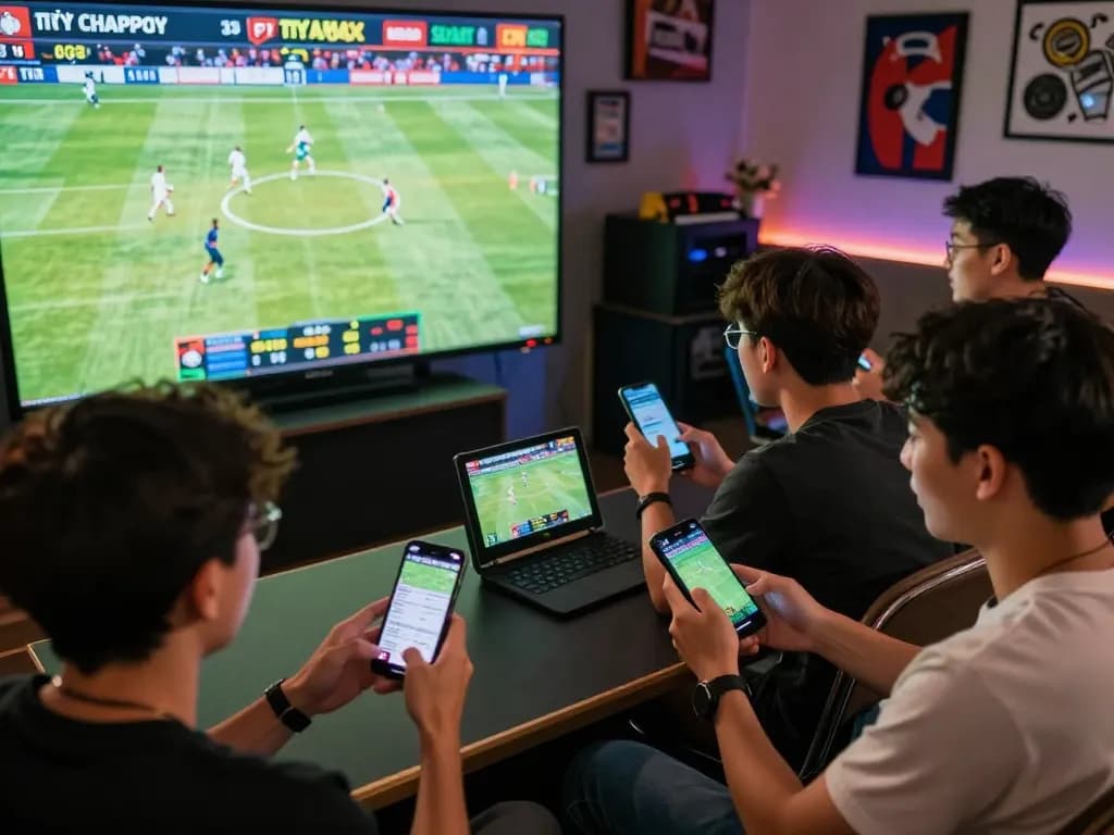 Tỷ lệ kèo nhà cái hôm nay seen as friends engage joyfully in live sports betting
