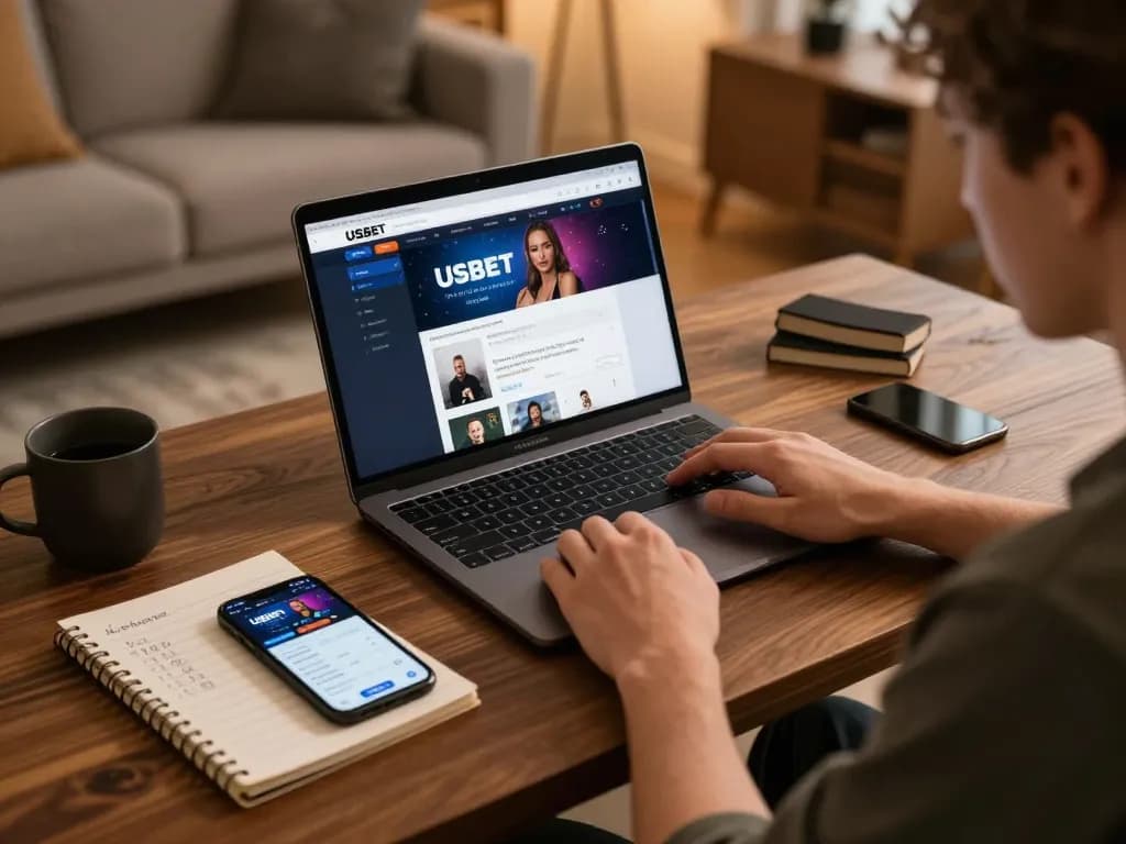 Engaging with USBET on a laptop for online gambling strategies in a cozy setup.