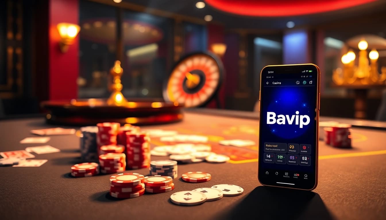 Bayvip casino scene showcasing vibrant poker action with elegant decor and mobile gameplay.