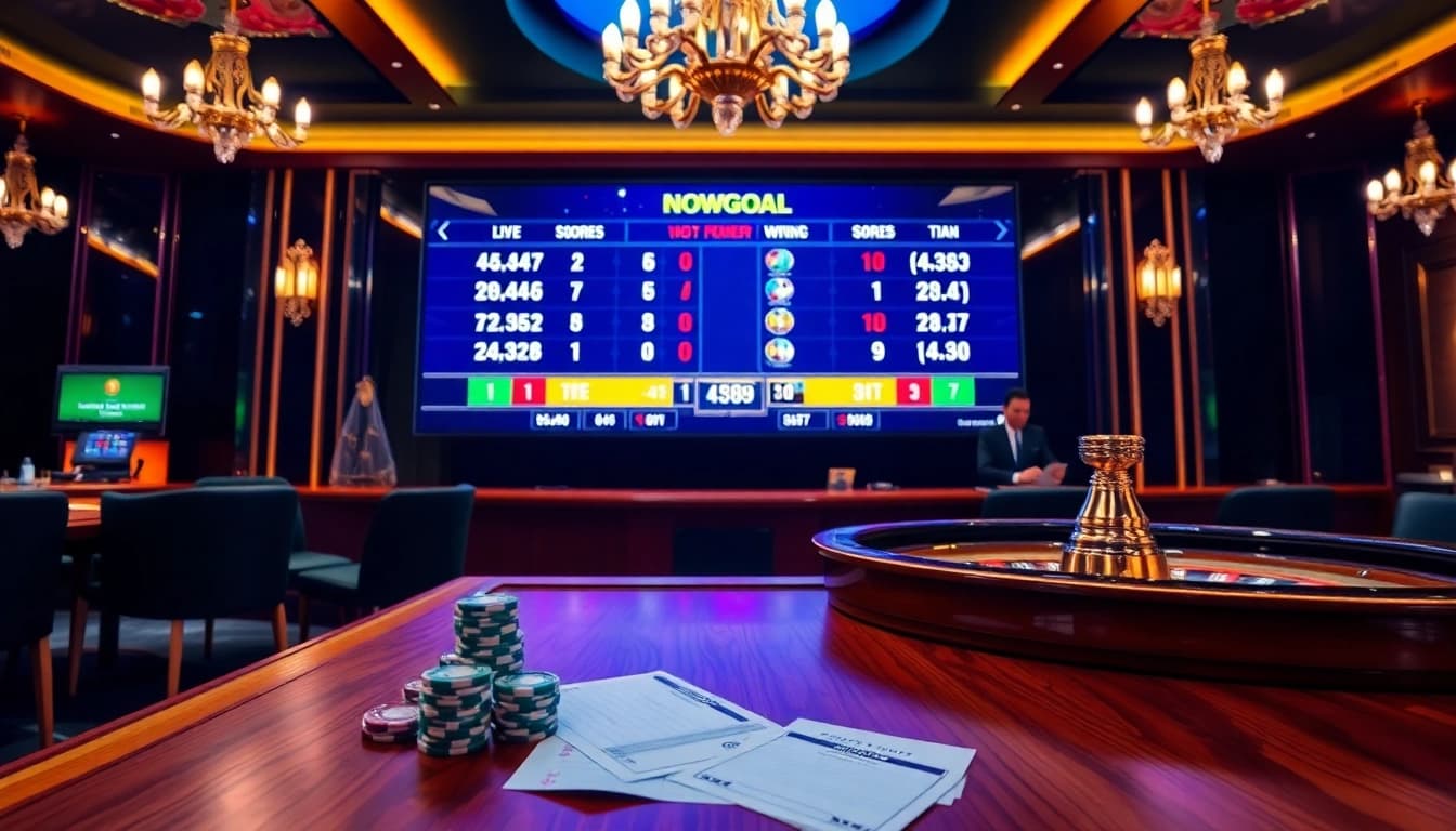 Nowgoal bóng đá betting scene featuring a luxurious casino with live football scores and dynamic gambling elements.