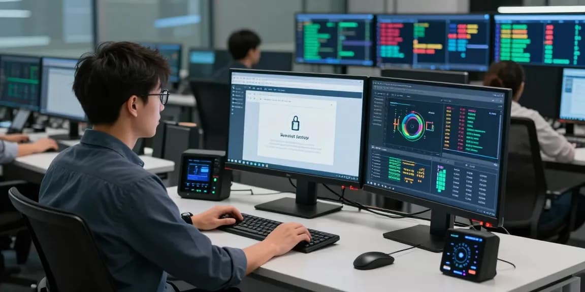 Network security analyst monitoring safety protocols on shs-dome5.com with dual screens and data graphs.